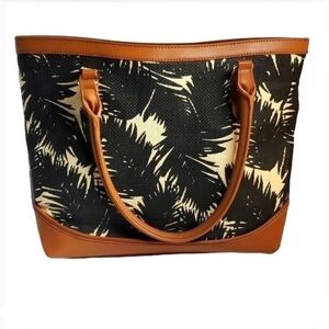 TOTE BAG LG BLACK & BEIGE STRAW/ LEATHER TROPICAL PRINT BAG